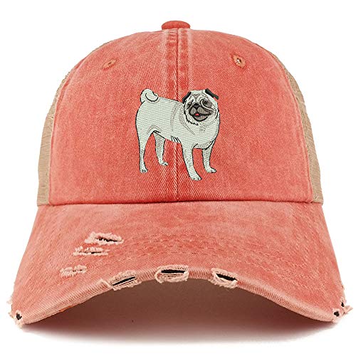 Trendy Apparel Shop Pug Dog Embroidered Frayed Bill Trucker Mesh Back Cap