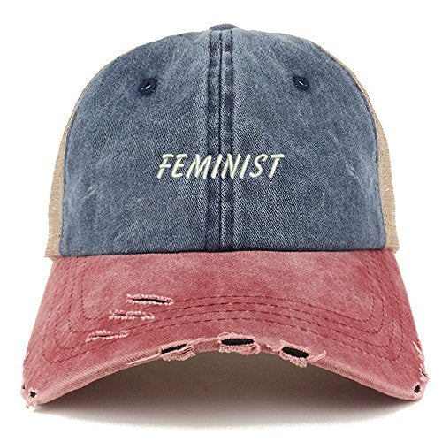 Trendy Apparel Shop Feminist Embroidered Frayed Bill Trucker Mesh Back Cap
