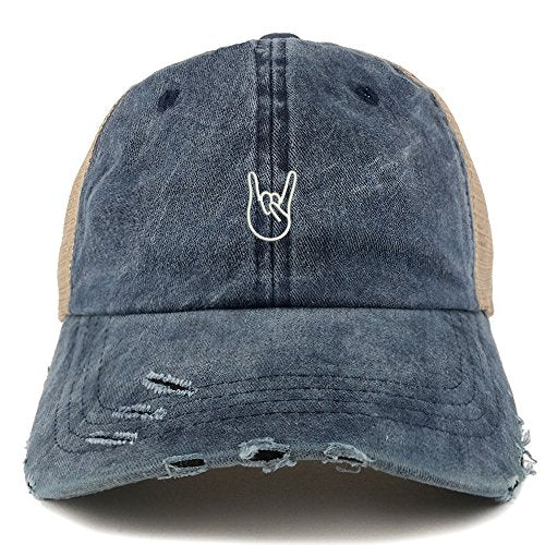 Trendy Apparel Shop Rock On Embroidered Frayed Bill Trucker Mesh Back Cap