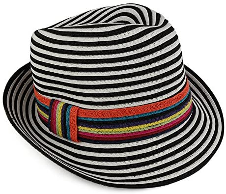 Trendy Apparel Shop Womens Striped Paper Braid Fedora with Multicolor Hat Band - Black/White