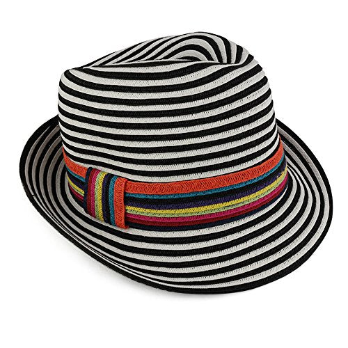 Trendy Apparel Shop Womens Striped Paper Braid Fedora with Multicolor Hat Band - Black/White
