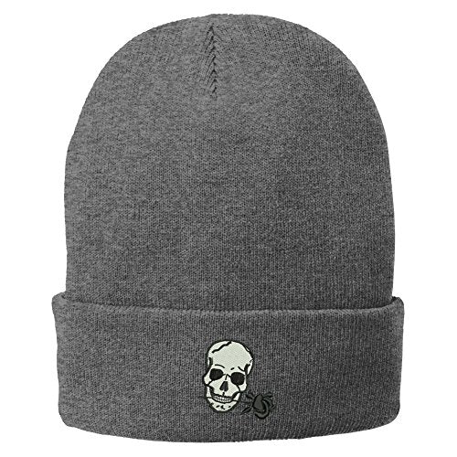 Trendy Apparel Shop Small Skull with Rose Embroidered Winter Knit Long Beanie