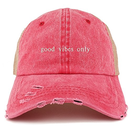 Trendy Apparel Shop Good Vibes Only Embroidered Frayed Bill Trucker Mesh Back Cap