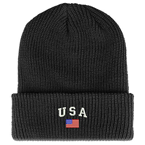Trendy Apparel Shop American Flag and USA Embroidered Ribbed Cuffed Knit Beanie