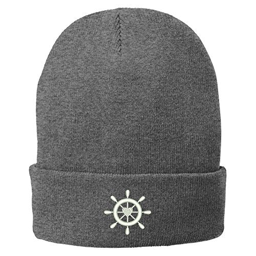 Trendy Apparel Shop Captain Ship Wheel with Heart Embroidered Winter Knitted Long Beanie