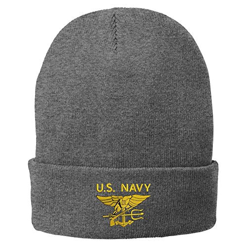 Trendy Apparel Shop US Navy Seal Text On Top Embroidered Winter Folded Long Beanie