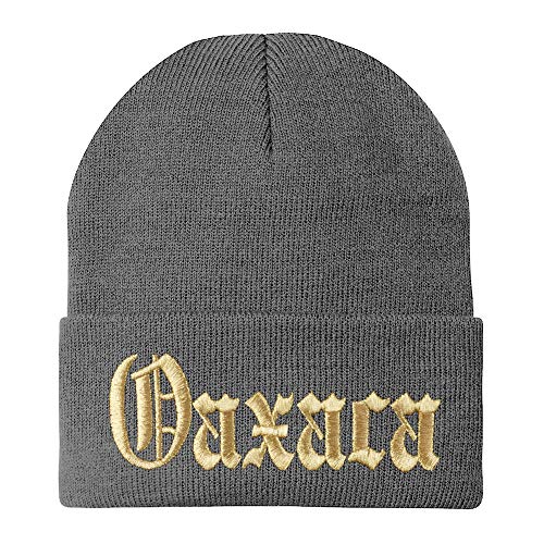 Trendy Apparel Shop Old English Oaxaca Gold Embroidered Acrylic Knit Beanie Cap