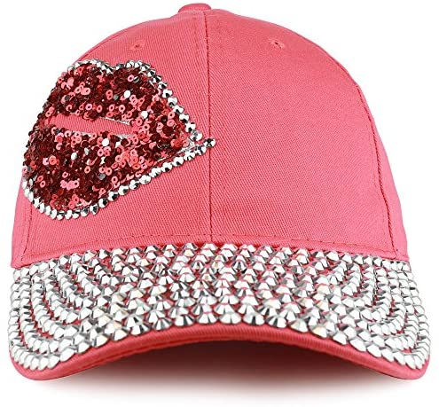 Trendy Apparel Shop Lip Sequin and Stud Jeweled Bill Structured Baseball Cap