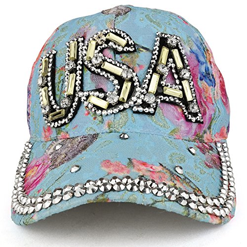 Trendy Apparel Shop Floral Print USA Cubic Stone Lightweight Structured Baseball Cap