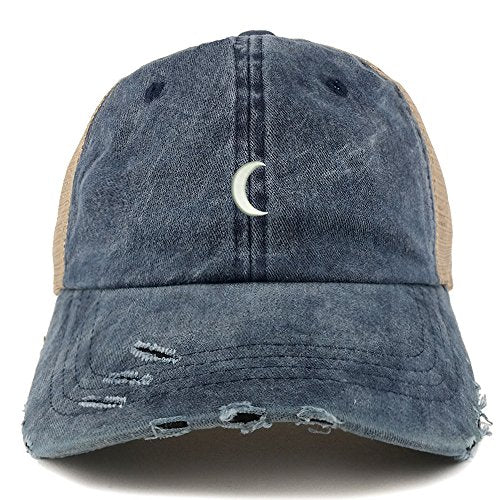 Trendy Apparel Shop Crescent Moon Embroidered Frayed Bill Trucker Mesh Back Cap