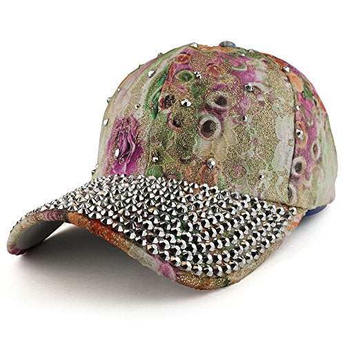 Trendy Apparel Shop Bling Studs Flower Glitter Structured Adjustable Baseball Cap