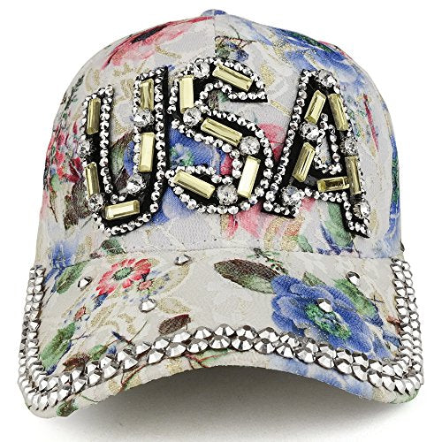 Trendy Apparel Shop Floral Print USA Cubic Stone Lightweight Structured Baseball Cap