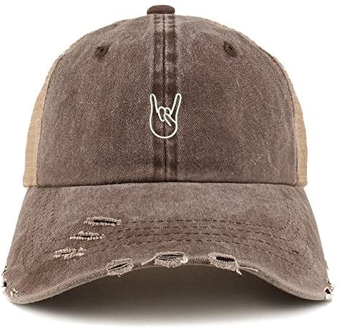 Trendy Apparel Shop Rock On Embroidered Frayed Bill Trucker Mesh Back Cap