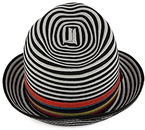 Trendy Apparel Shop Womens Striped Paper Braid Fedora with Multicolor Hat Band - Black/White