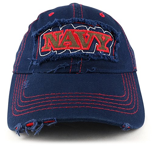 Trendy Apparel Shop Navy Embroidered Frayed Vintage High Contrast Unstructured Baseball Cap - Navy