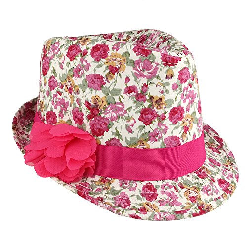 Trendy Apparel Shop Girl's Rose Floral Print Fedora Hat with Flower Hat Band