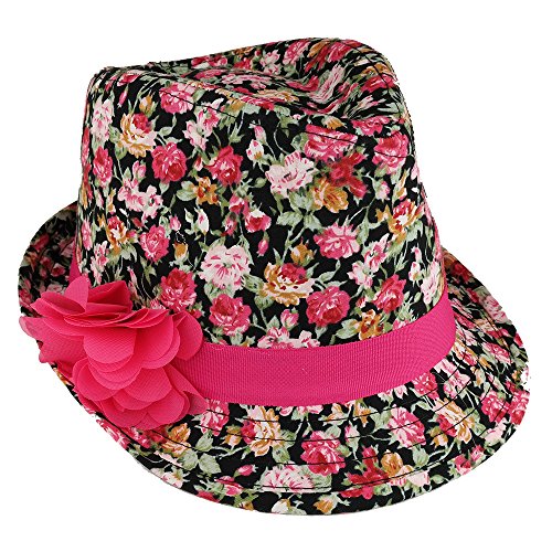 Trendy Apparel Shop Girl's Rose Floral Print Fedora Hat with Flower Hat Band