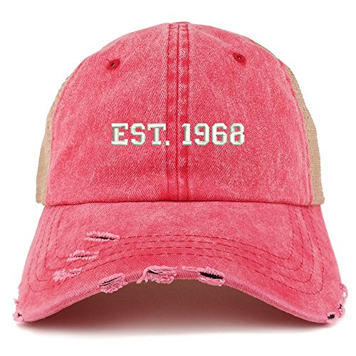 Trendy Apparel Shop EST 1968 Text 51st Birthday Embroider Frayed Trucker Mesh Back Cap