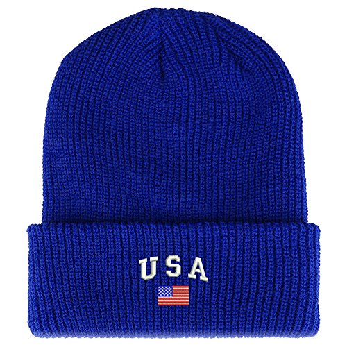 Trendy Apparel Shop American Flag and USA Embroidered Ribbed Cuffed Knit Beanie