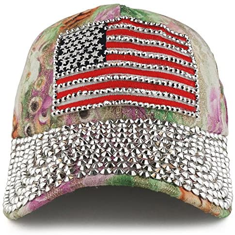 Trendy Apparel Shop Bling Studded USA Flag Floral Laced Structured Baseball Cap