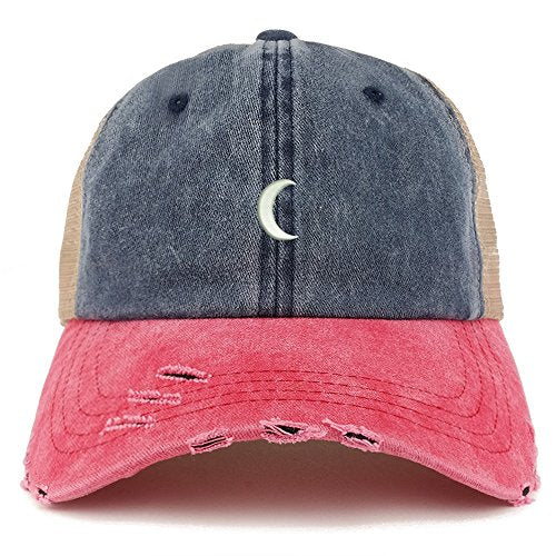 Trendy Apparel Shop Crescent Moon Embroidered Frayed Bill Trucker Mesh Back Cap