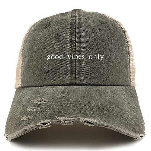 Trendy Apparel Shop Good Vibes Only Embroidered Frayed Bill Trucker Mesh Back Cap