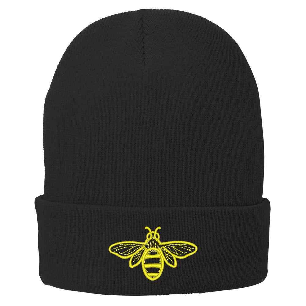 Trendy Apparel Shop Bee Embroidered Winter Knitted Long Beanie - Black