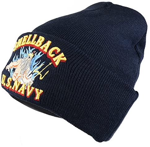 Trendy Apparel Shop US Navy Shellback 3D Logo Embroidered Long Cuff Beanie - Navy