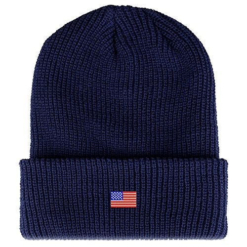 Trendy Apparel Shop US American Flag Small Embroidered Ribbed Cuffed Knit Beanie