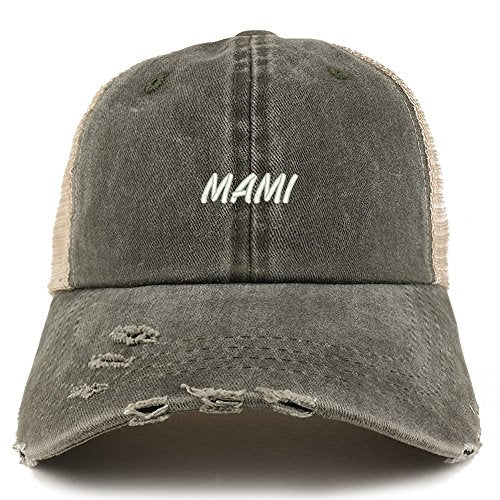 Trendy Apparel Shop Mami Embroidered Frayed Bill Trucker Mesh Back Cap