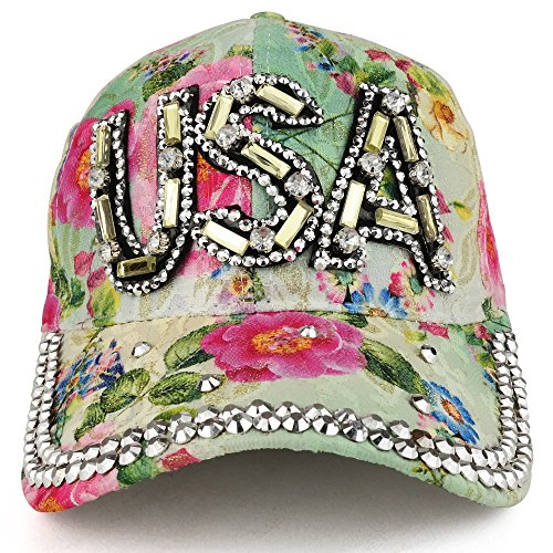 Trendy Apparel Shop Floral Print USA Cubic Stone Lightweight Structured Baseball Cap