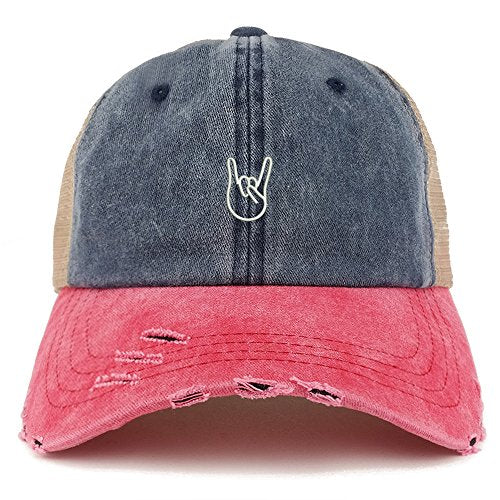 Trendy Apparel Shop Rock On Embroidered Frayed Bill Trucker Mesh Back Cap
