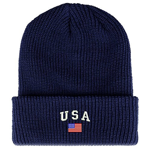 Trendy Apparel Shop American Flag and USA Embroidered Ribbed Cuffed Knit Beanie