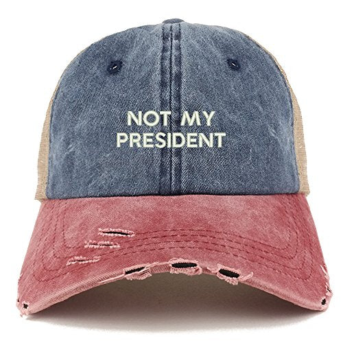 Trendy Apparel Shop Not My President Embroidered Frayed Bill Trucker Mesh Back Cap