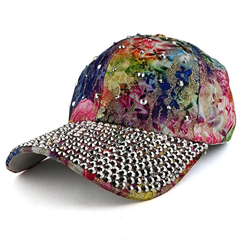 Trendy Apparel Shop Bling Studs Flower Glitter Structured Adjustable Baseball Cap