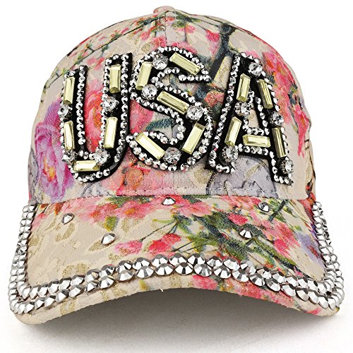 Trendy Apparel Shop Floral Print USA Cubic Stone Lightweight Structured Baseball Cap