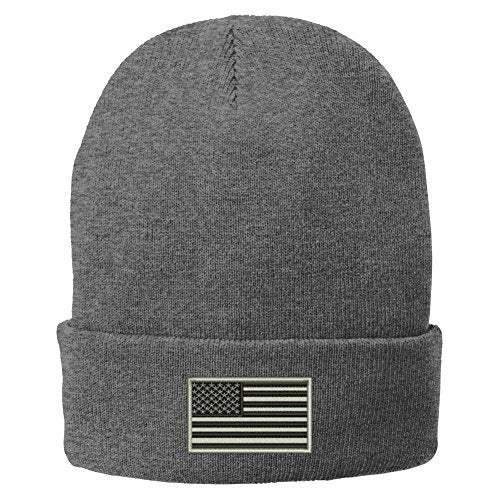 Trendy Apparel Shop US American Flag Grey Embroidered Winter Folded Long Beanie