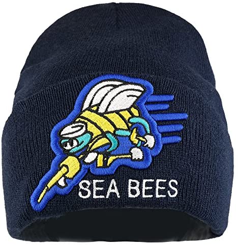 Trendy Apparel Shop US Navy Sea Bees Logo Embroidered Long Cuff Beanie - Navy
