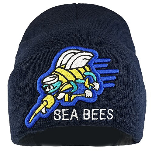 Trendy Apparel Shop US Navy Sea Bees Logo Embroidered Long Cuff Beanie - Navy