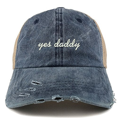 Trendy Apparel Shop Yes Daddy Embroidered Frayed Bill Trucker Mesh Back Cap