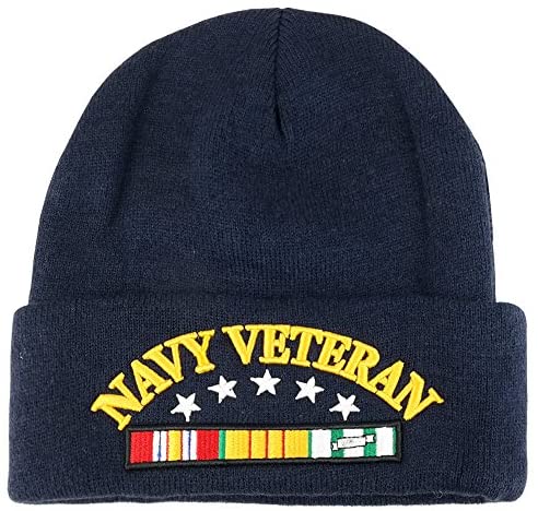 Trendy Apparel Shop Navy Veteran Military Ribbon 3D Embroidered Long Cuff Beanie Cap - Navy