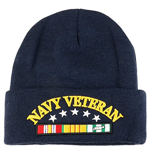 Trendy Apparel Shop Navy Veteran Military Ribbon 3D Embroidered Long Cuff Beanie Cap - Navy