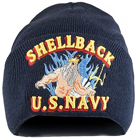 Trendy Apparel Shop US Navy Shellback 3D Logo Embroidered Long Cuff Beanie - Navy