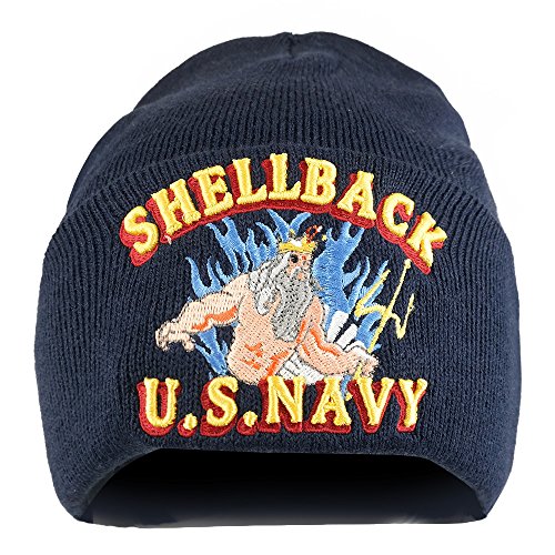 Trendy Apparel Shop US Navy Shellback 3D Logo Embroidered Long Cuff Beanie - Navy