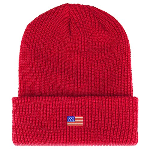 Trendy Apparel Shop US American Flag Small Embroidered Ribbed Cuffed Knit Beanie