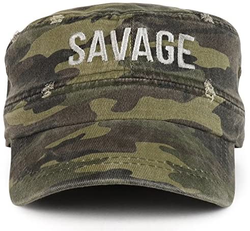 Trendy Apparel Shop Savage Embroidered Camouflage Frayed Flat Top Style Army Cap - Green Camo