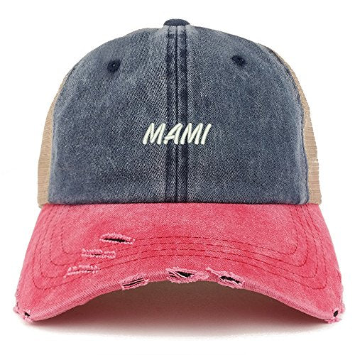 Trendy Apparel Shop Mami Embroidered Frayed Bill Trucker Mesh Back Cap