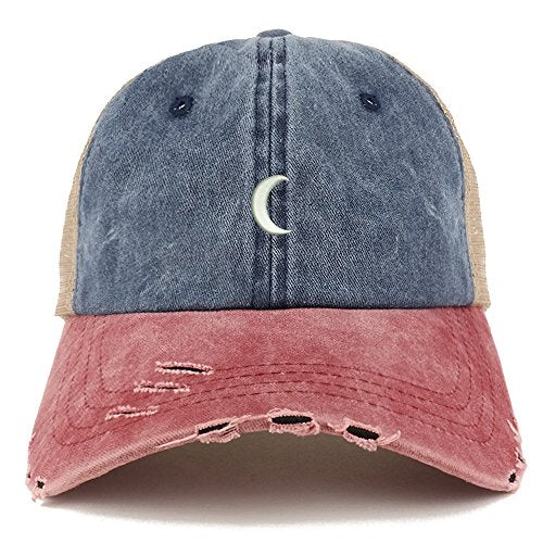 Trendy Apparel Shop Crescent Moon Embroidered Frayed Bill Trucker Mesh Back Cap