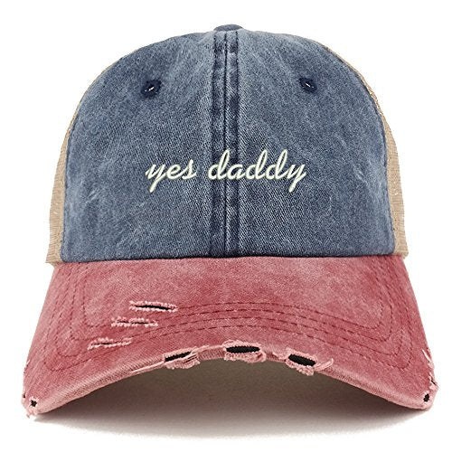 Trendy Apparel Shop Yes Daddy Embroidered Frayed Bill Trucker Mesh Back Cap