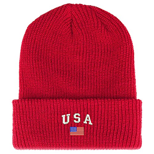 Trendy Apparel Shop American Flag and USA Embroidered Ribbed Cuffed Knit Beanie